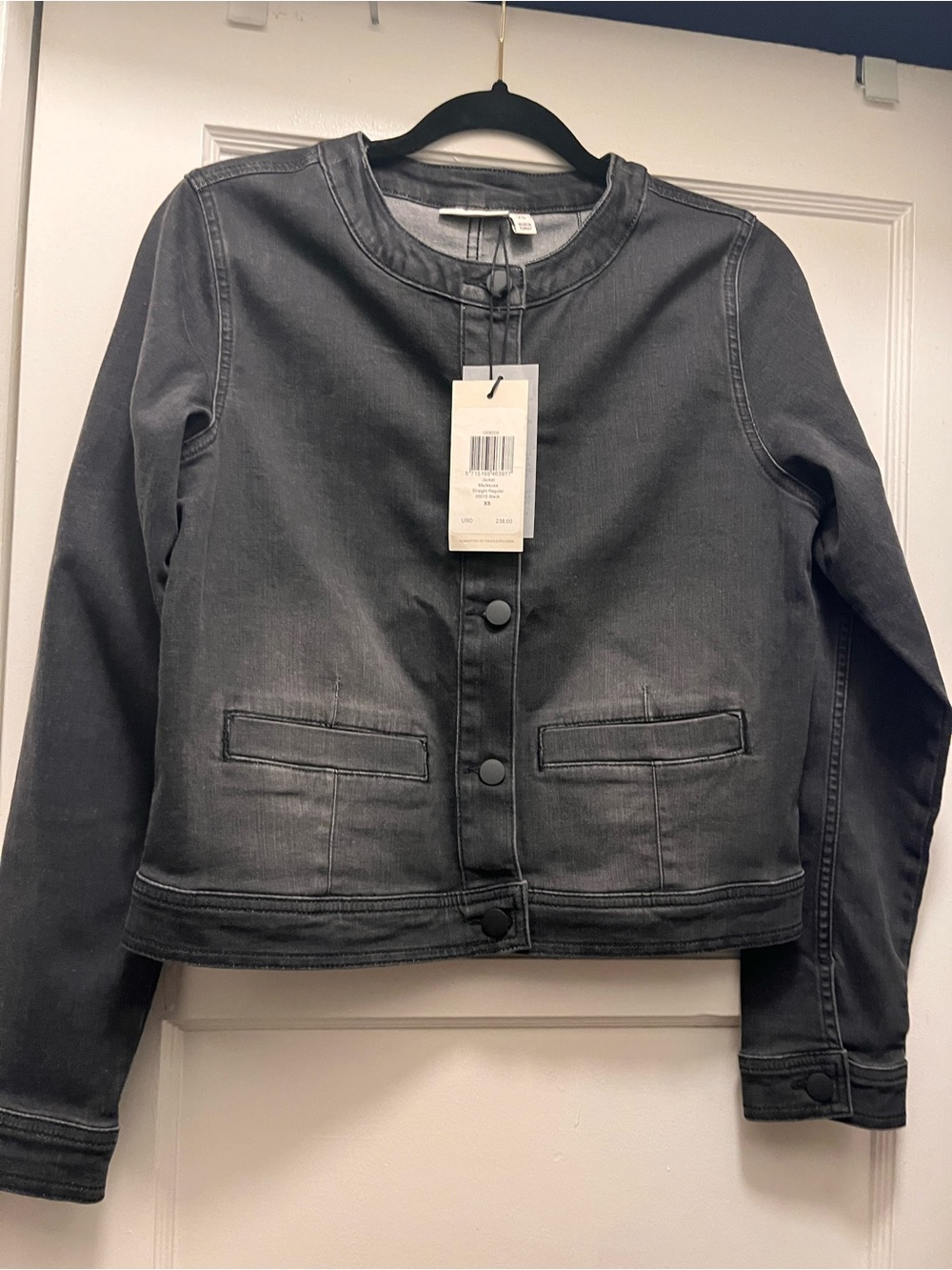 Women’s Washed Black Collarless Denim Jacket NWT $238